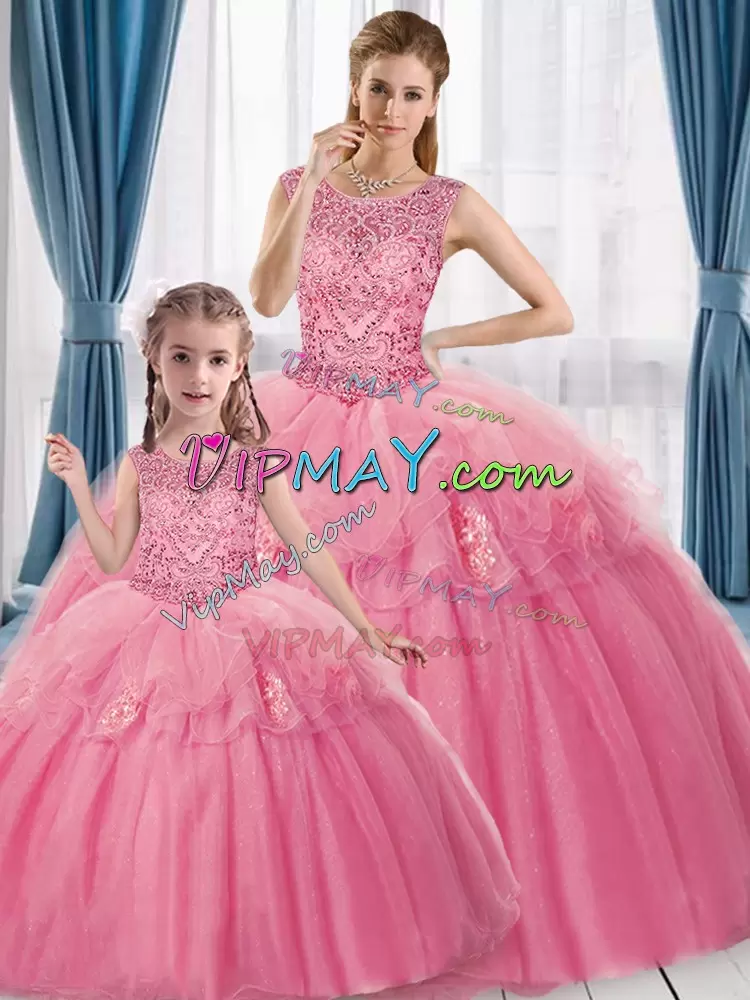 Ball Gowns Quinceanera Gown Pink Scoop Tulle Sleeveless Floor Length