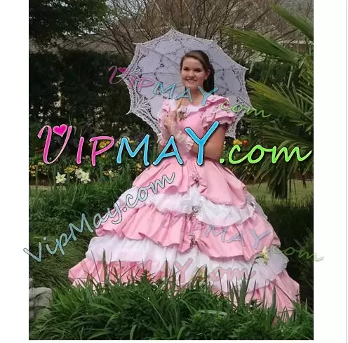 Pink And White Short Sleeves Ruffled Layers Quinceanera Dress with Bowknot