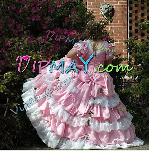 Pink And White Short Sleeves Ruffled Layers Quinceanera Dress with Bowknot