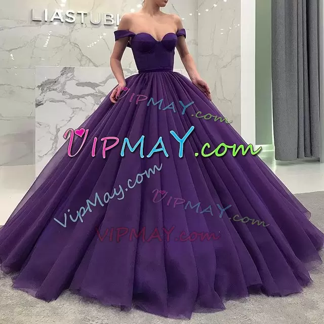Purple Lace Up Off The Shoulder Ruching Quinceanera Dresses Tulle Sleeveless