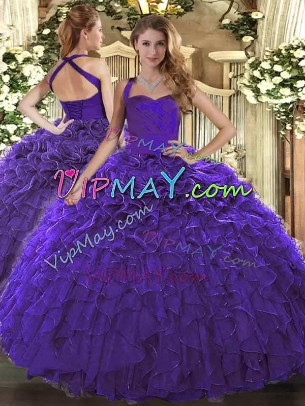 Ruffles Sweet 16 Dress Purple Lace Up Sleeveless Floor Length