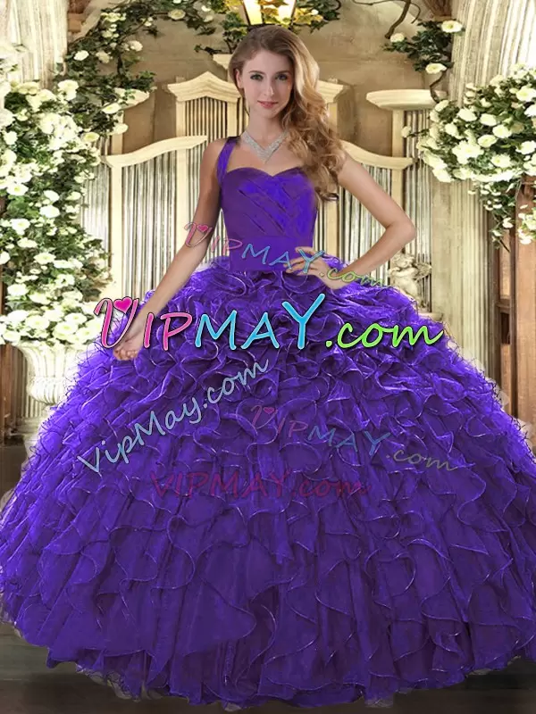 Ruffles Sweet 16 Dress Purple Lace Up Sleeveless Floor Length