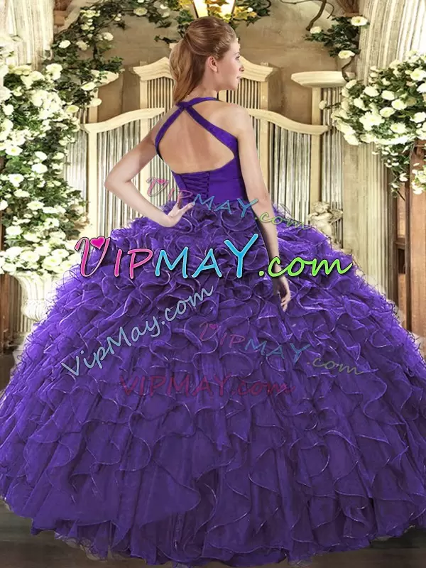 Ruffles Sweet 16 Dress Purple Lace Up Sleeveless Floor Length