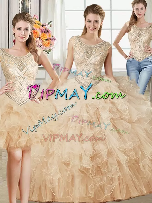 Deluxe Champagne Quinceanera Gown Military Ball and Sweet 16 and Quinceanera with Beading and Ruffles Scoop Sleeveless Lace Up