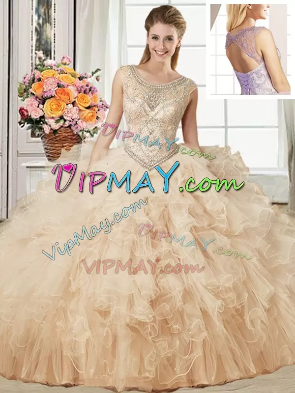 Deluxe Champagne Quinceanera Gown Military Ball and Sweet 16 and Quinceanera with Beading and Ruffles Scoop Sleeveless Lace Up