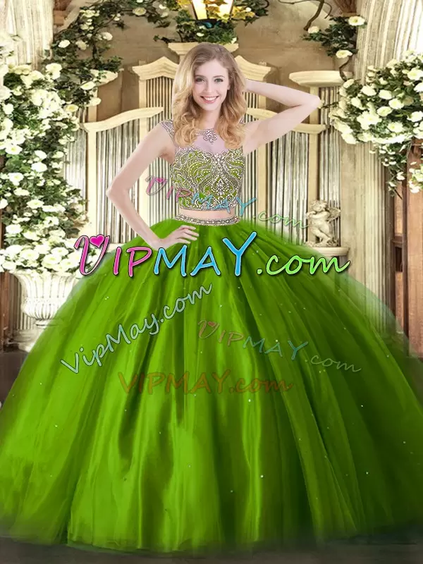 Floor Length Lace Up Sweet 16 Dress Olive Green for Military Ball and Sweet 16 and Quinceanera with Beading