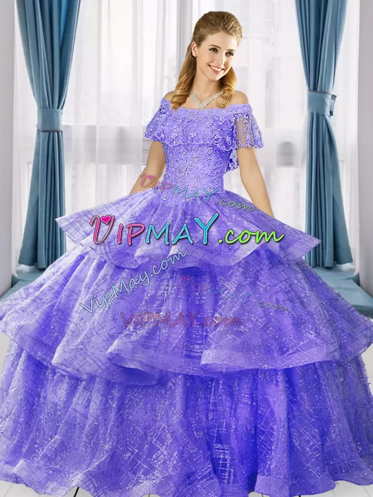 Lavender Ball Gowns Off The Shoulder Short Sleeves Sequined Floor Length Lace Up Beading and Ruffled Layers 15 Quinceanera Dress