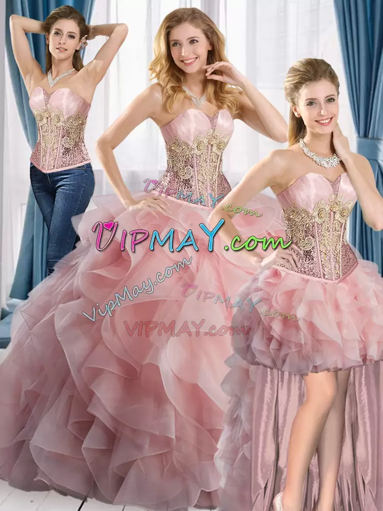 Spectacular Pink Ball Gowns Sweetheart Sleeveless Satin and Organza Floor Length Beading and Ruffles Quinceanera Gowns