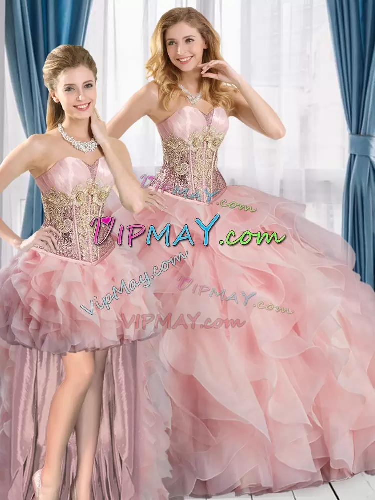 Spectacular Pink Ball Gowns Sweetheart Sleeveless Satin and Organza Floor Length Beading and Ruffles Quinceanera Gowns