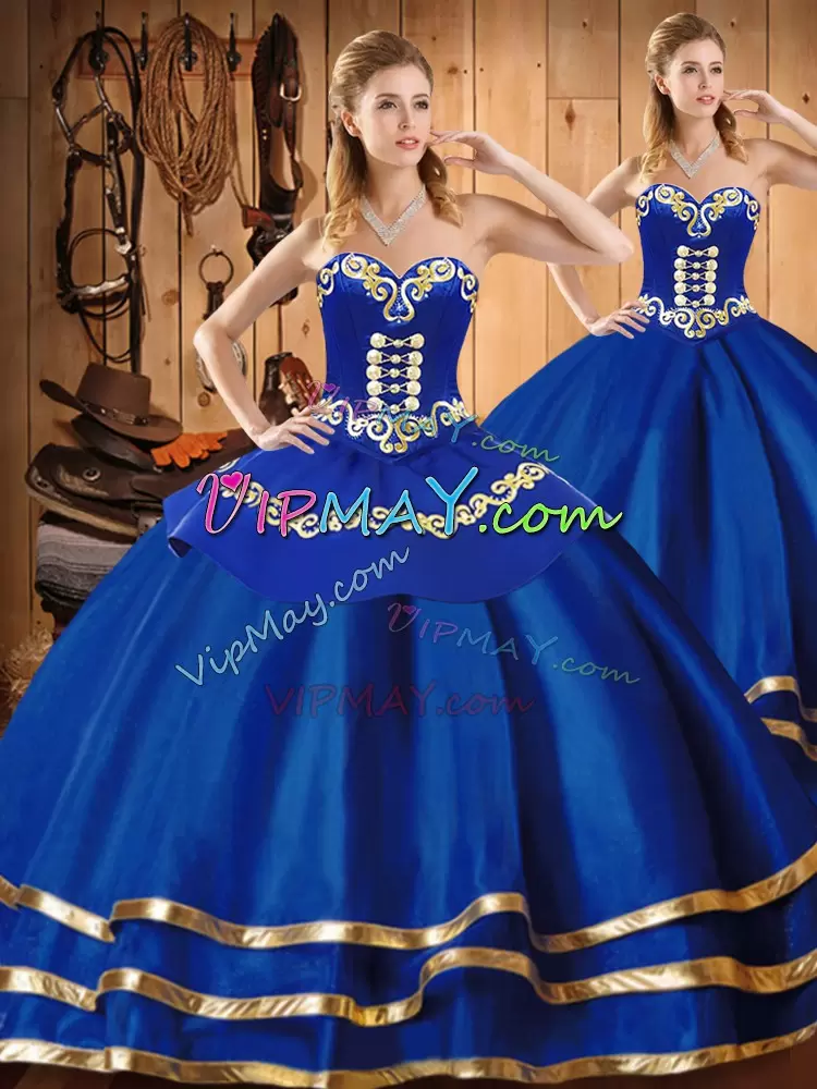 Smart Blue Sweetheart Lace Up Embroidery 15 Quinceanera Dress Sleeveless