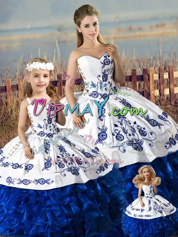 Suitable Embroidery and Ruffles Vestidos de Quinceanera Blue And White Lace Up Sleeveless Floor Length