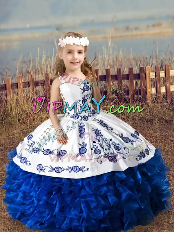 Suitable Embroidery and Ruffles Vestidos de Quinceanera Blue And White Lace Up Sleeveless Floor Length