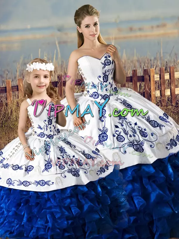 Suitable Embroidery and Ruffles Vestidos de Quinceanera Blue And White Lace Up Sleeveless Floor Length