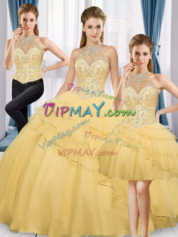 Beading Ball Gown Prom Dress Gold Lace Up Sleeveless Floor Length