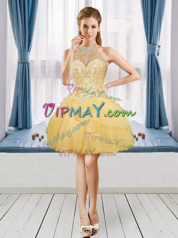 Beading Ball Gown Prom Dress Gold Lace Up Sleeveless Floor Length