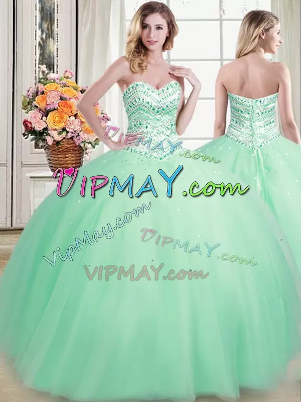 Ideal Apple Green Tulle Lace Up Sweetheart Sleeveless Floor Length 15th Birthday Dress Beading