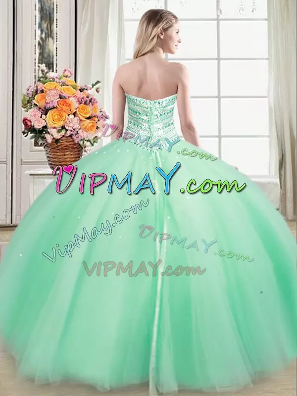 Ideal Apple Green Tulle Lace Up Sweetheart Sleeveless Floor Length 15th Birthday Dress Beading