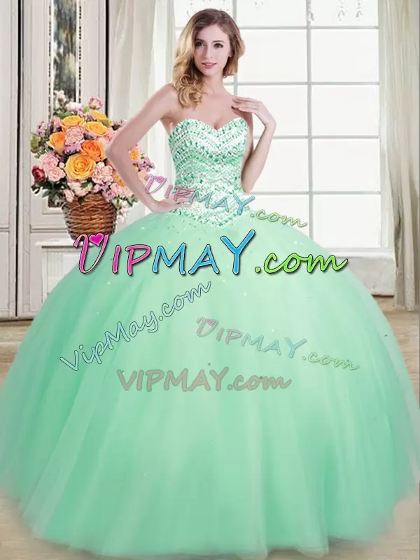 Ideal Apple Green Tulle Lace Up Sweetheart Sleeveless Floor Length 15th Birthday Dress Beading