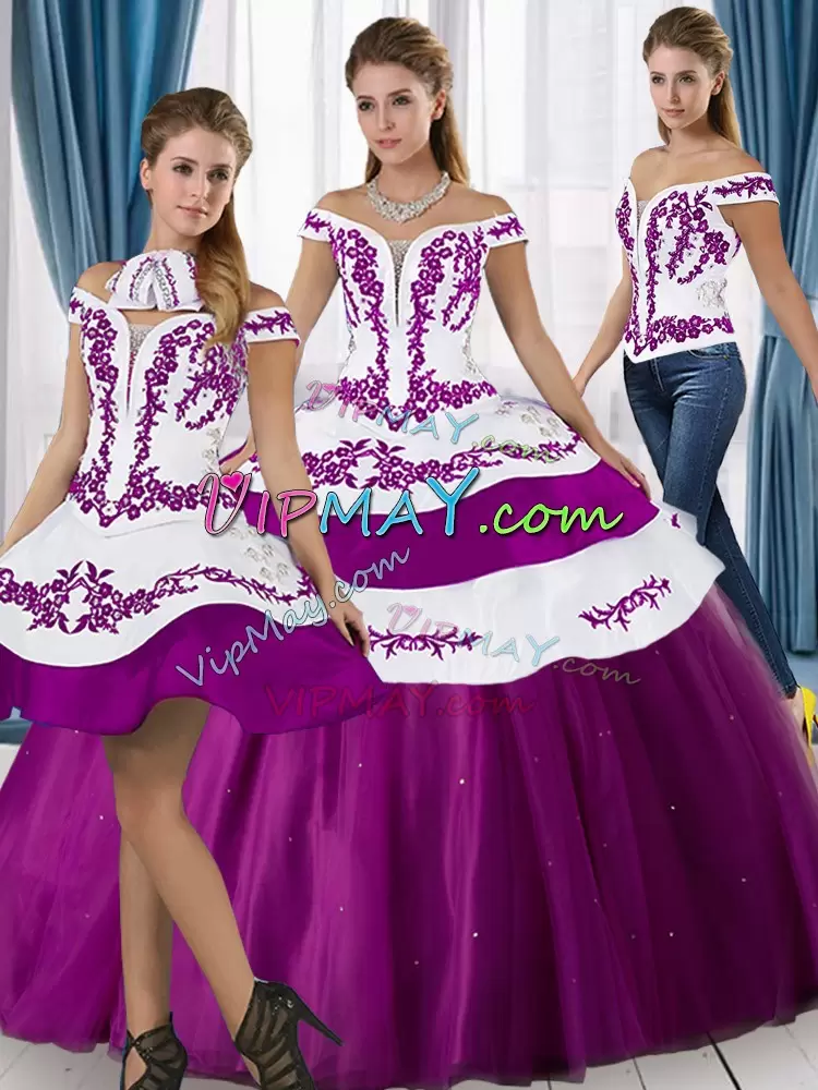 White And Purple Ball Gowns Satin and Tulle Off The Shoulder Sleeveless Embroidery Floor Length Lace Up Sweet 16 Quinceanera Dress