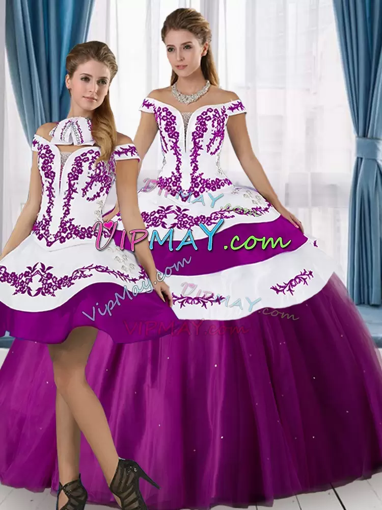 White And Purple Ball Gowns Satin and Tulle Off The Shoulder Sleeveless Embroidery Floor Length Lace Up Sweet 16 Quinceanera Dress