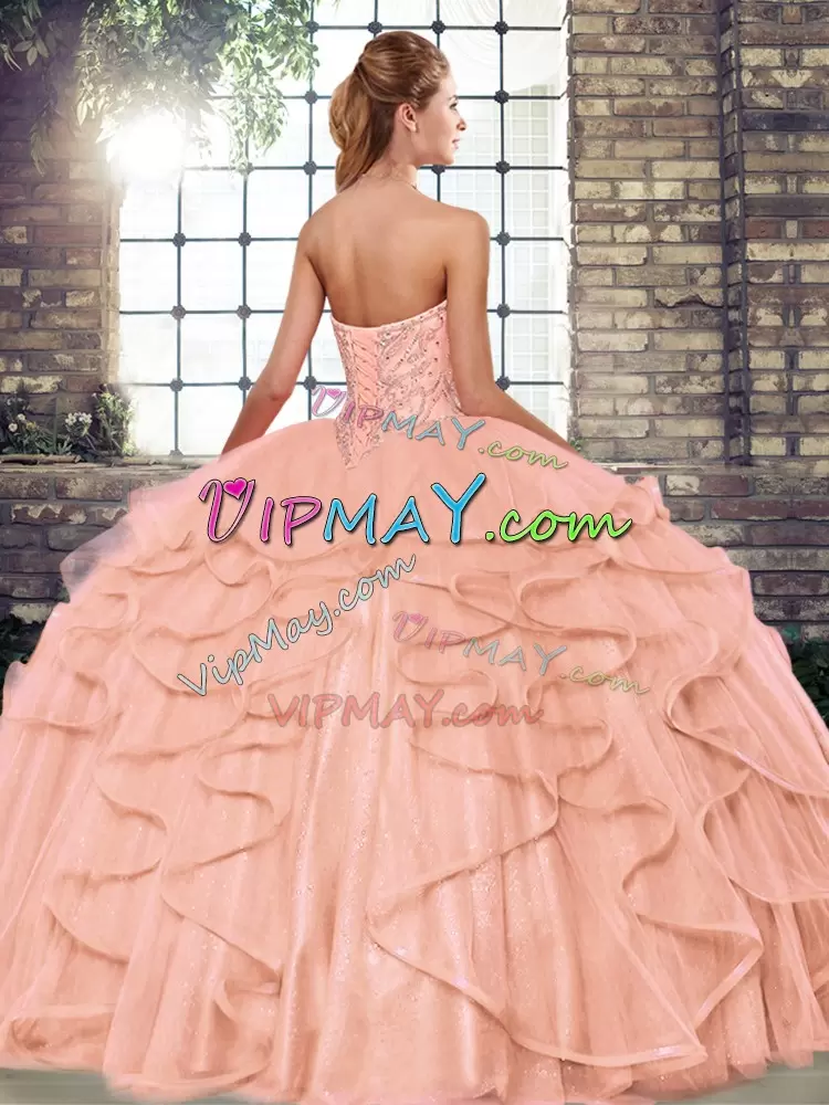 Tulle Sweetheart Sleeveless Lace Up Beading and Ruffles Sweet 16 Quinceanera Dress in Royal Blue
