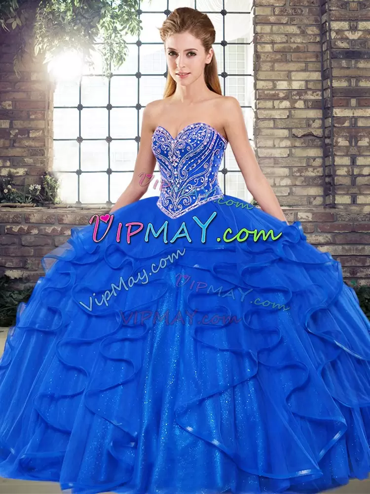 Tulle Sweetheart Sleeveless Lace Up Beading and Ruffles Sweet 16 Quinceanera Dress in Royal Blue