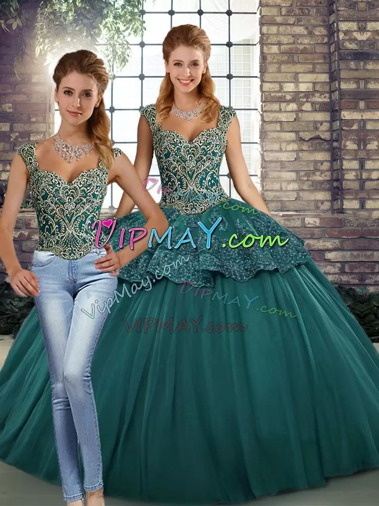 Green Two Pieces Straps Sleeveless Tulle Floor Length Lace Up Beading and Appliques Quinceanera Dresses