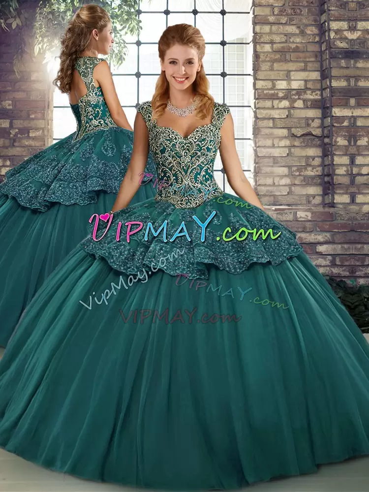 Green Two Pieces Straps Sleeveless Tulle Floor Length Lace Up Beading and Appliques Quinceanera Dresses