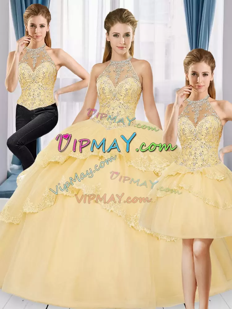 Gold Sleeveless Floor Length Beading and Appliques Lace Up Ball Gown Prom Dress High-neck