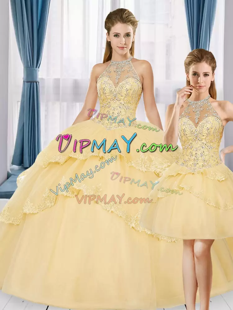 Gold Sleeveless Floor Length Beading and Appliques Lace Up Ball Gown Prom Dress High-neck