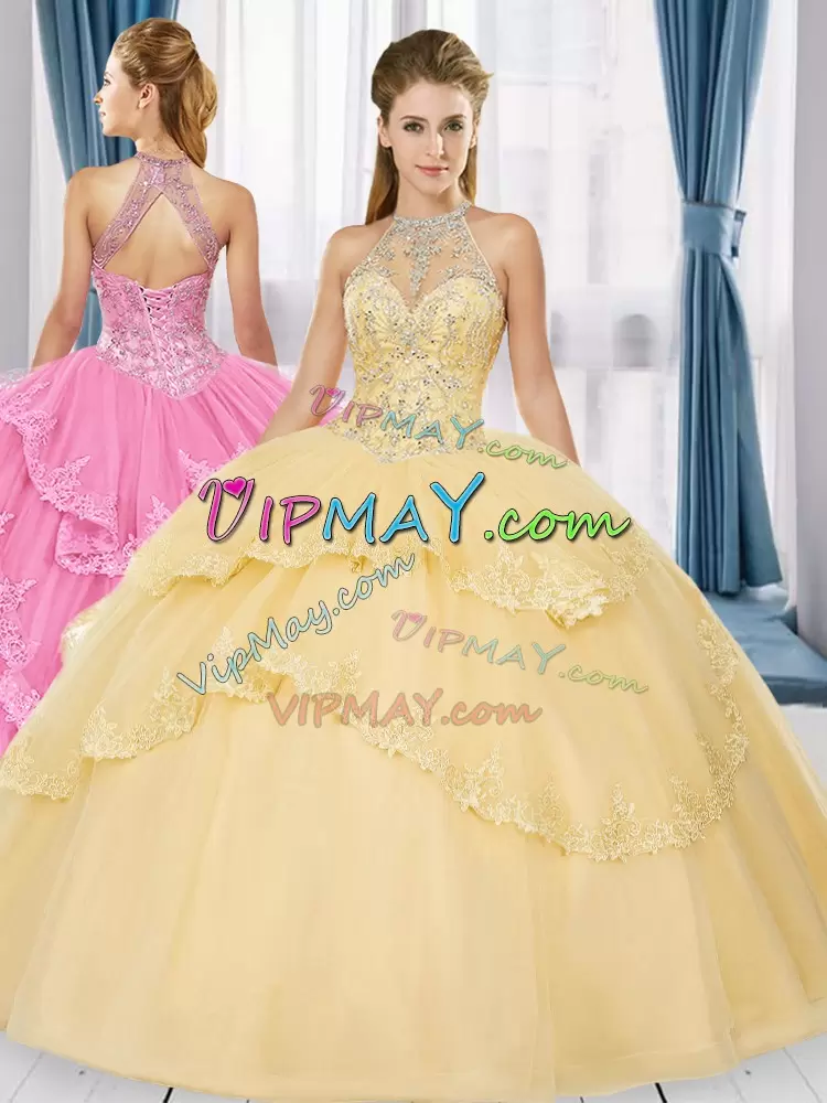 Gold Sleeveless Floor Length Beading and Appliques Lace Up Ball Gown Prom Dress High-neck