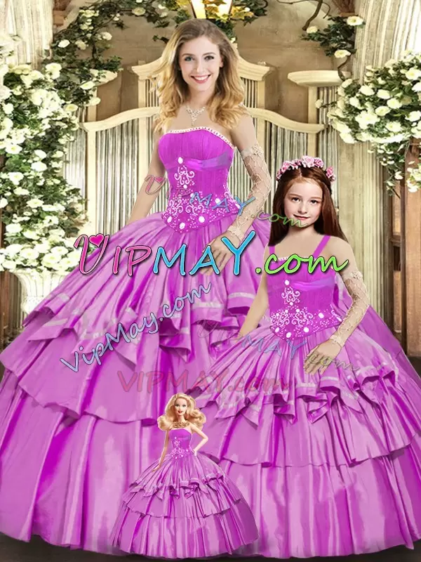 Flirting Lilac Lace Up Strapless Beading and Ruffled Layers 15th Birthday Dress Taffeta Sleeveless