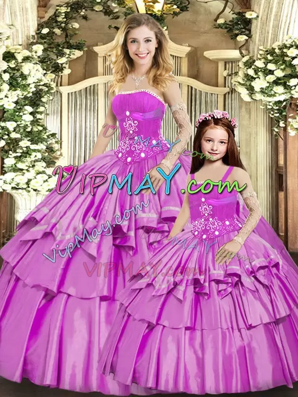 Flirting Lilac Lace Up Strapless Beading and Ruffled Layers 15th Birthday Dress Taffeta Sleeveless