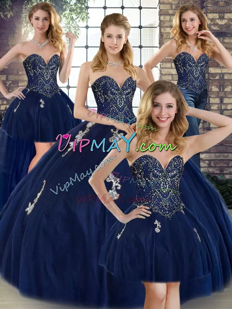 Navy Blue Ball Gowns Sweetheart Sleeveless Tulle Floor Length Lace Up Beading and Appliques Sweet 16 Dress