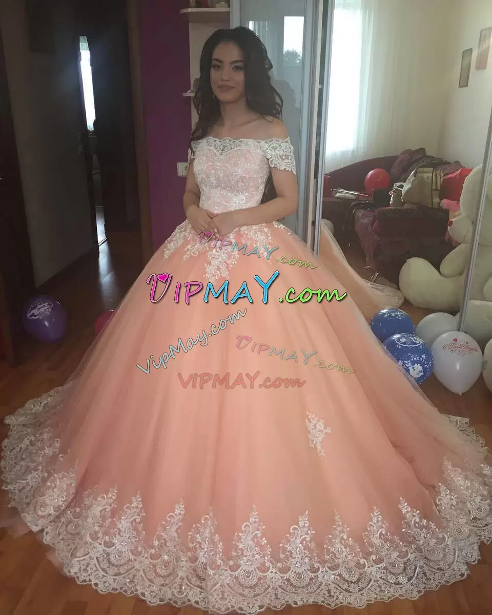 Hot Selling Sweep Train Ball Gowns Sweet 16 Dresses Pink Off The Shoulder Tulle Sleeveless With Train Lace Up