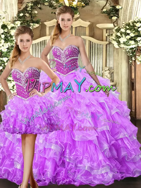 Extravagant Lilac Sleeveless Beading and Ruffles Floor Length Quinceanera Dress