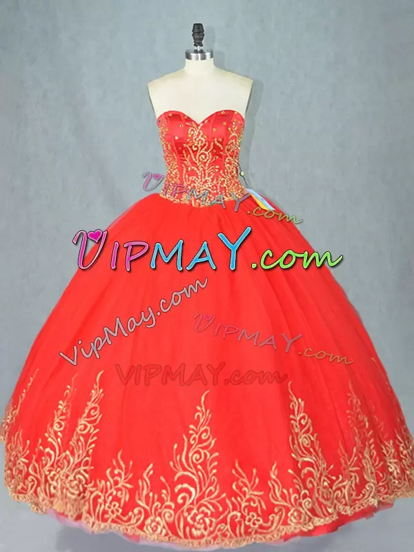 Traditional Red Tulle Lace Up Sweetheart Sleeveless Floor Length Quinceanera Gown Beading