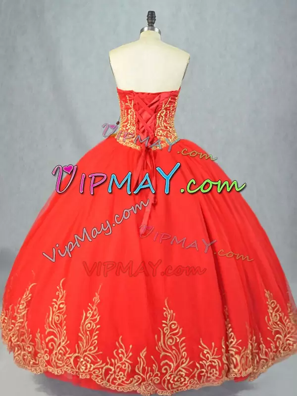 Traditional Red Tulle Lace Up Sweetheart Sleeveless Floor Length Quinceanera Gown Beading