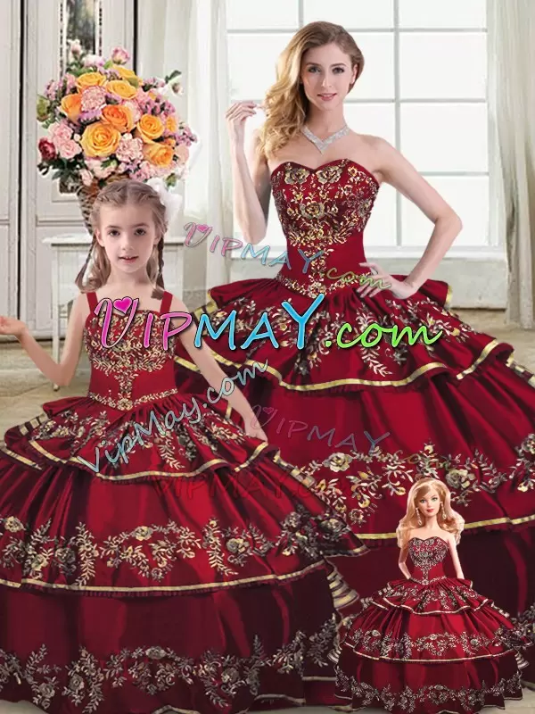 Admirable Wine Red Sweetheart Lace Up Embroidery and Ruffled Layers Ball Gown Prom Dress Sleeveless