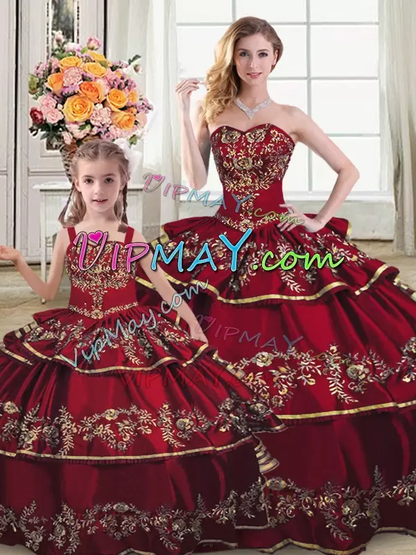 Admirable Wine Red Sweetheart Lace Up Embroidery and Ruffled Layers Ball Gown Prom Dress Sleeveless