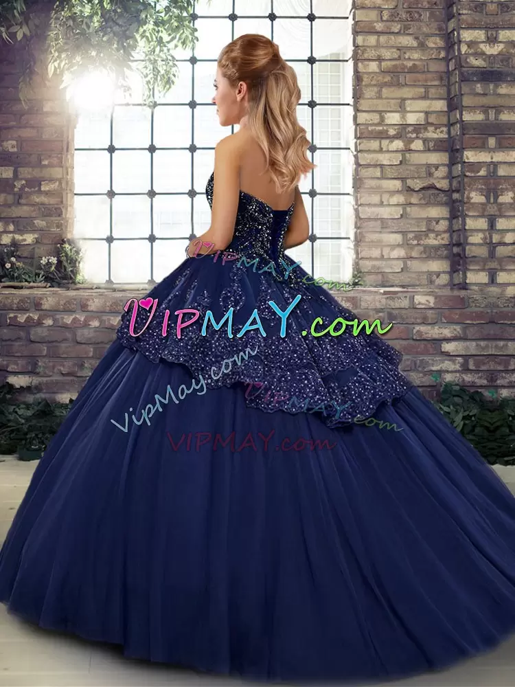 Sleeveless Tulle Floor Length Lace Up 15th Birthday Dress in Royal Blue with Beading and Appliques