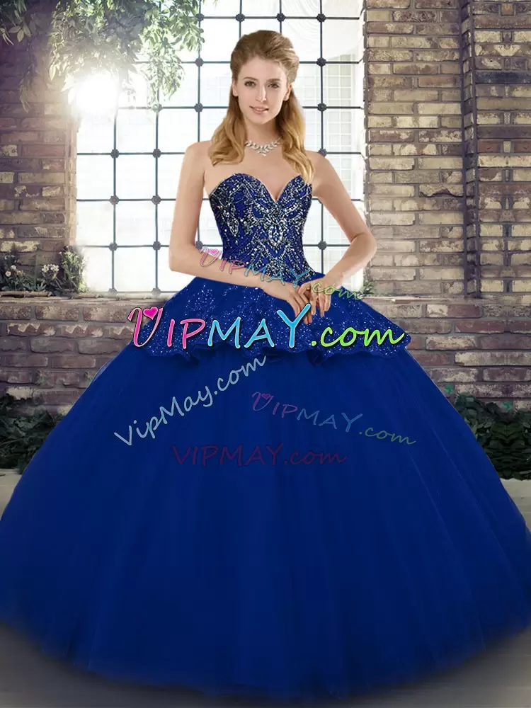 Sleeveless Tulle Floor Length Lace Up 15th Birthday Dress in Royal Blue with Beading and Appliques