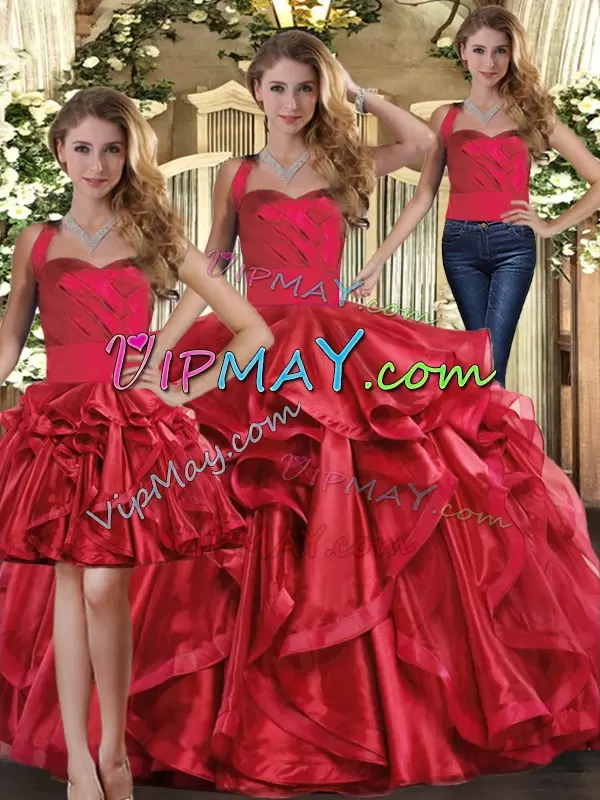 Red Sleeveless Floor Length Ruffles Lace Up 15 Quinceanera Dress Straps