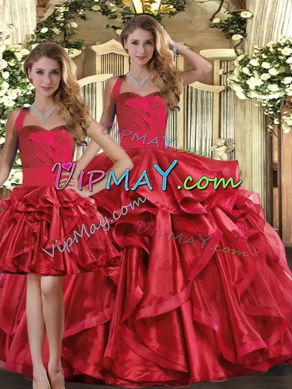 Red Sleeveless Floor Length Ruffles Lace Up 15 Quinceanera Dress Straps