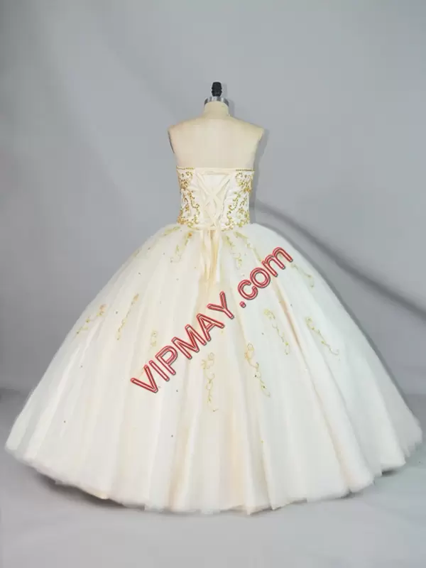 Fantastic Floor Length Champagne Quince Ball Gowns Tulle Sleeveless Beading