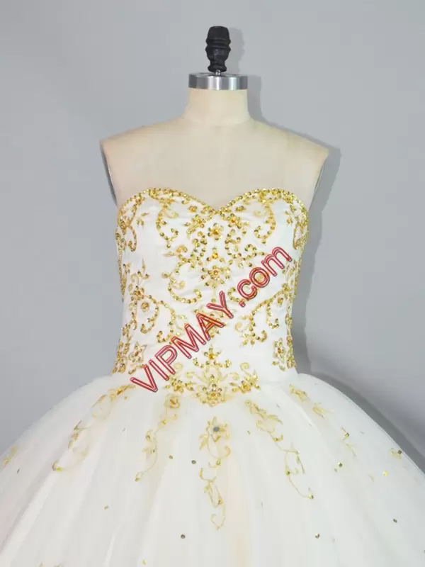 Fantastic Floor Length Champagne Quince Ball Gowns Tulle Sleeveless Beading