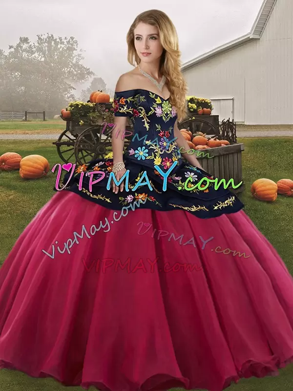 Top Selling Red And Black Quinceanera Dress Military Ball and Sweet 16 and Quinceanera with Embroidery Off The Shoulder Sleeveless Lace Up