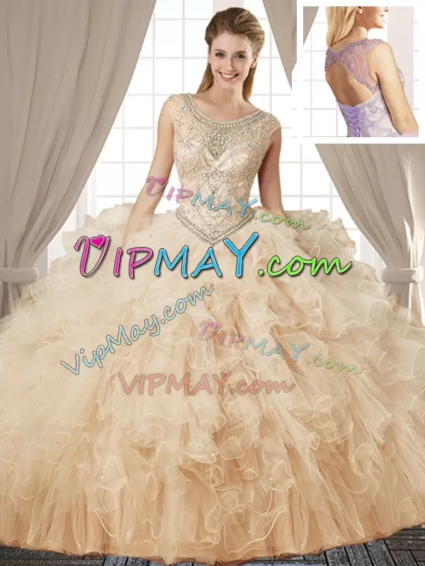 Top Selling Scoop Sleeveless Tulle Quinceanera Dresses Beading and Ruffles Lace Up