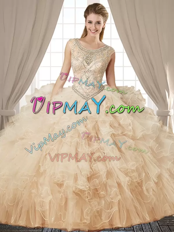 Top Selling Scoop Sleeveless Tulle Quinceanera Dresses Beading and Ruffles Lace Up