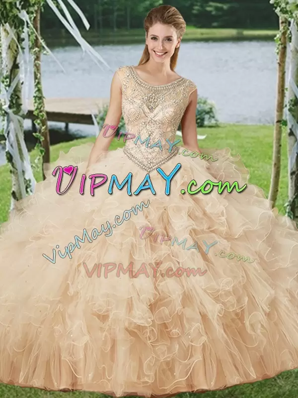 Top Selling Scoop Sleeveless Tulle Quinceanera Dresses Beading and Ruffles Lace Up